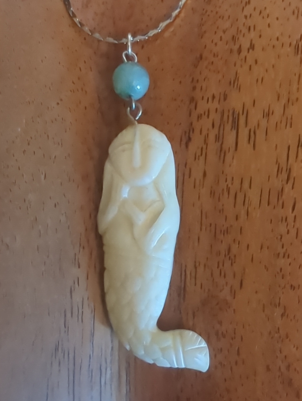 Hand-Carved Cream Mermaid Bone Pendant Necklace with Green stone Bead
